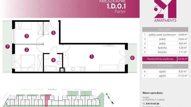 Rzut - Mieszkanie na sprzedaż 3 pokoje o powierzchni 54,36 m² - numer 1.D.0.1 w 2M Apartments etap IV