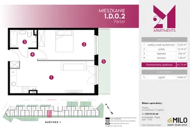 Rzut - Mieszkanie na sprzedaż 2 pokoje o powierzchni 41,73 m² - numer 1.D.0.2 w 2M Apartments etap IV