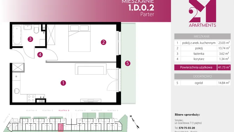 Rzut - Mieszkanie na sprzedaż 2 pokoje o powierzchni 41,73 m² - numer 1.D.0.2 w 2M Apartments etap IV