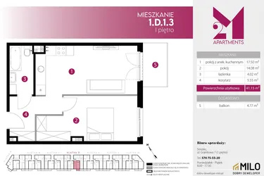 Rzut - Mieszkanie na sprzedaż 2 pokoje o powierzchni 41,15 m² - numer 1.D.1.3 w 2M Apartments etap IV
