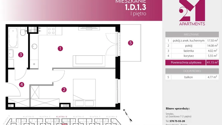 Rzut - Mieszkanie na sprzedaż 2 pokoje o powierzchni 41,15 m² - numer 1.D.1.3 w 2M Apartments etap IV