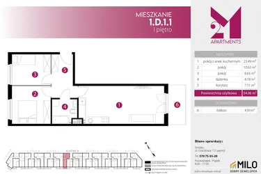 Rzut - Mieszkanie na sprzedaż 3 pokoje o powierzchni 54,06 m² - numer 1.D.1.1 w 2M Apartments etap IV