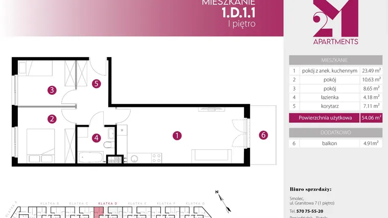 Rzut - Mieszkanie na sprzedaż 3 pokoje o powierzchni 54,06 m² - numer 1.D.1.1 w 2M Apartments etap IV