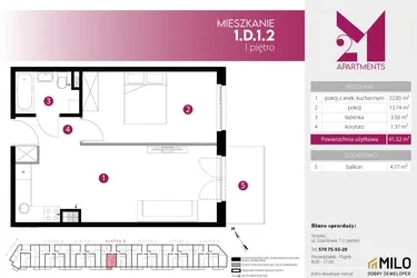 Rzut - Mieszkanie na sprzedaż 2 pokoje o powierzchni 41,52 m² - numer 1.D.1.2 w 2M Apartments etap IV