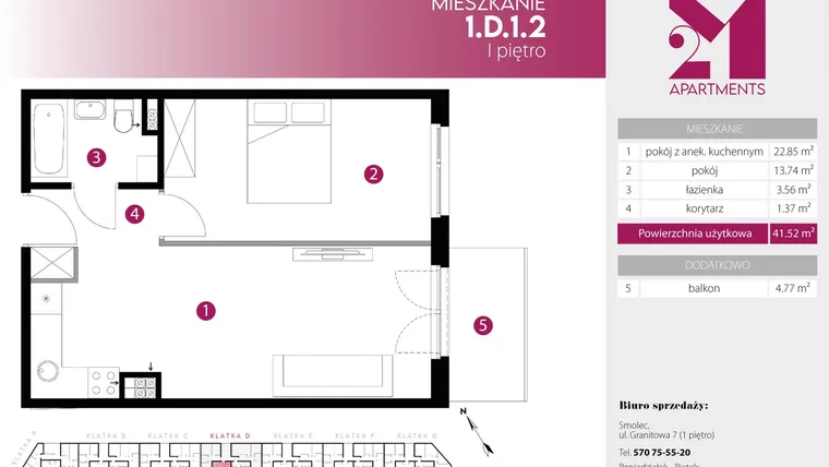 Rzut - Mieszkanie na sprzedaż 2 pokoje o powierzchni 41,52 m² - numer 1.D.1.2 w 2M Apartments etap IV