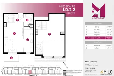 Rzut - Mieszkanie na sprzedaż 2 pokoje o powierzchni 77,19 m² - numer 1.D.2.2 w 2M Apartments etap IV