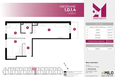 Rzut - Mieszkanie na sprzedaż 3 pokoje o powierzchni 58,55 m² - numer 1.D.1.4 w 2M Apartments etap IV