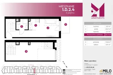 Rzut - Mieszkanie na sprzedaż 2 pokoje o powierzchni 46,17 m² - numer 1.D.2.4 w 2M Apartments etap IV