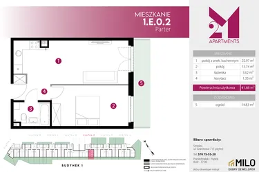 Rzut - Mieszkanie na sprzedaż 2 pokoje o powierzchni 41,68 m² - numer 1.E.0.2 w 2M Apartments etap IV