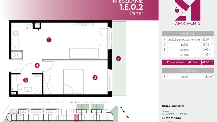 Rzut - Mieszkanie na sprzedaż 2 pokoje o powierzchni 41,68 m² - numer 1.E.0.2 w 2M Apartments etap IV