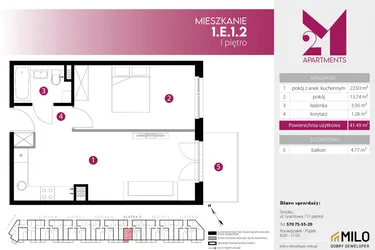 Rzut - Mieszkanie na sprzedaż 2 pokoje o powierzchni 41,49 m² - numer 1.E.1.2 w 2M Apartments etap IV