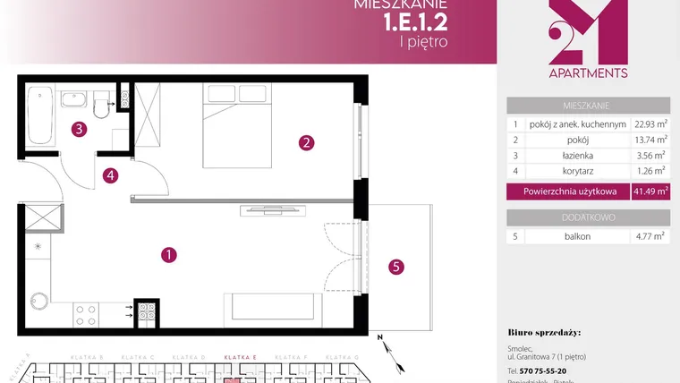 Rzut - Mieszkanie na sprzedaż 2 pokoje o powierzchni 41,49 m² - numer 1.E.1.2 w 2M Apartments etap IV