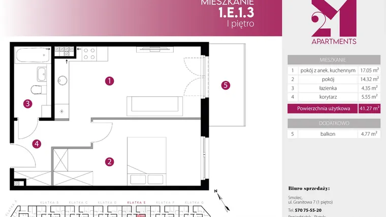 Rzut - Mieszkanie na sprzedaż 2 pokoje o powierzchni 41,27 m² - numer 1.E.1.3 w 2M Apartments etap IV