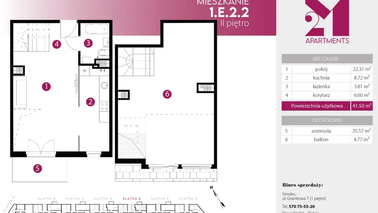 Rzut - Mieszkanie na sprzedaż 2 pokoje o powierzchni 77,07 m² - numer 1.E.2.2 w 2M Apartments etap IV