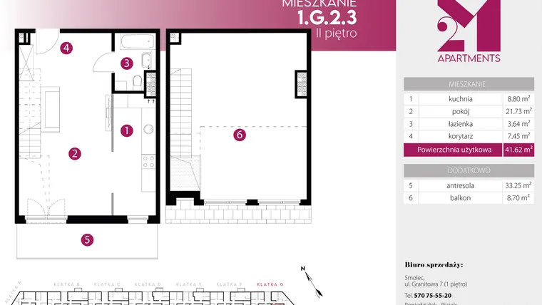 Rzut - Mieszkanie na sprzedaż 2 pokoje o powierzchni 74,87 m² - numer 1.G.2.3 w 2M Apartments etap IV