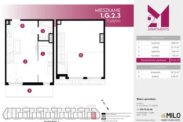 Rzut - Mieszkanie na sprzedaż 2 pokoje o powierzchni 74,87 m² - numer 1.G.2.3 w 2M Apartments etap IV