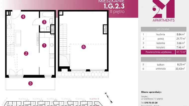Rzut - Mieszkanie na sprzedaż 2 pokoje o powierzchni 75,16 m² - numer 1.G.2.3 w 2M Apartments etap IV