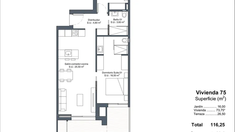 Rzut - Dom na sprzedaż 2 pokoje o powierzchni 116,25 m² - numer 0-75 w Domy w Ciudad Quesada - 18228363