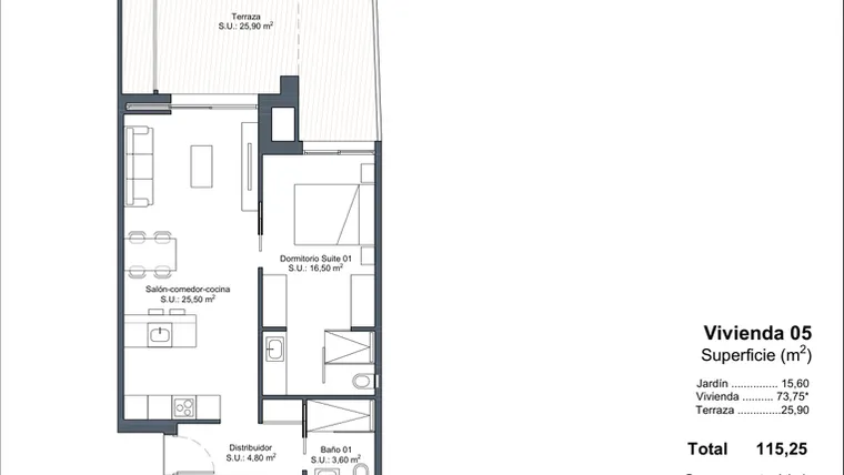 Rzut - Dom na sprzedaż 2 pokoje o powierzchni 115,25 m² - numer 0-5 w Domy w Ciudad Quesada - 18228363
