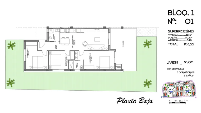Rzut - Mieszkanie na sprzedaż 3 pokoje o powierzchni 103,55 m² - numer 1 w Mieszkania w Guardamar del Segura - 58228876