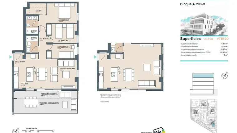 Rzut - Mieszkanie na sprzedaż 3 pokoje o powierzchni 102 m² - numer 3-C w Apartamenty w Benicasim - 40302107