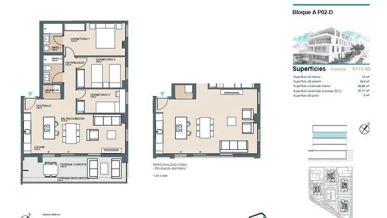 Rzut - Mieszkanie na sprzedaż 3 pokoje o powierzchni 96 m² - numer 1-A w Apartamenty w Benicasim - 40302107