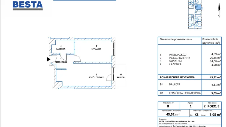 Rzut - Mieszkanie na sprzedaż 2 pokoje o powierzchni 43,52 m² - numer 8 w Dworzysko Park - Etap III