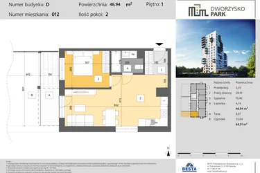 Rzut - Mieszkanie na sprzedaż 2 pokoje o powierzchni 46,94 m² - numer 12 w Dworzysko Park - Etap III