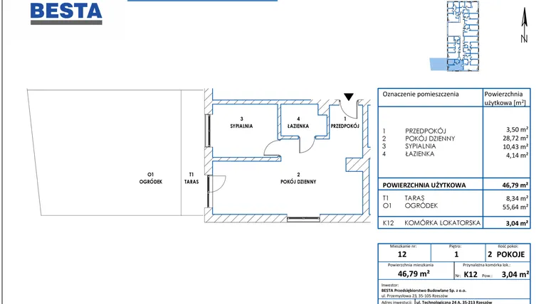 Rzut - Mieszkanie na sprzedaż 2 pokoje o powierzchni 46,79 m² - numer 12 w Dworzysko Park - Etap III