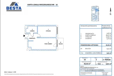 Rzut - Mieszkanie na sprzedaż 2 pokoje o powierzchni 43,43 m² - numer 16 w Dworzysko Park - Etap III