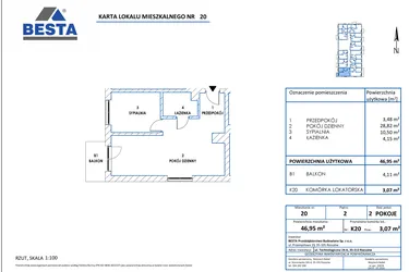 Rzut - Mieszkanie na sprzedaż 2 pokoje o powierzchni 46,95 m² - numer 20 w Dworzysko Park - Etap III
