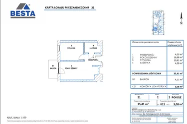Rzut - Mieszkanie na sprzedaż 2 pokoje o powierzchni 35,41 m² - numer 21 w Dworzysko Park - Etap III