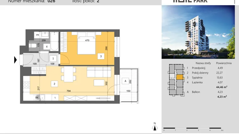 Rzut - Mieszkanie na sprzedaż 2 pokoje o powierzchni 44,46 m² - numer 26 w Dworzysko Park - Etap III