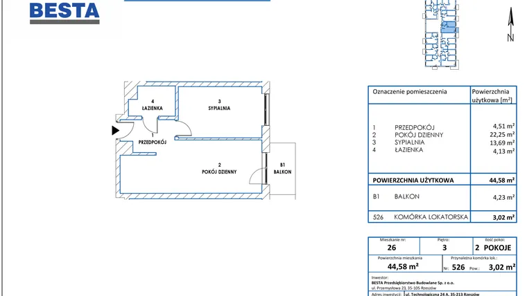 Rzut - Mieszkanie na sprzedaż 2 pokoje o powierzchni 44,58 m² - numer 26 w Dworzysko Park - Etap III