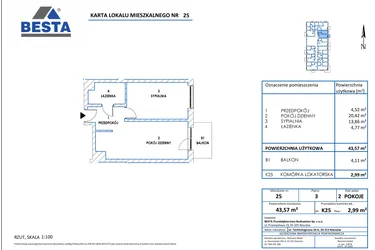 Rzut - Mieszkanie na sprzedaż 2 pokoje o powierzchni 43,57 m² - numer 25 w Dworzysko Park - Etap III