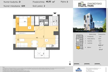 Rzut - Mieszkanie na sprzedaż 2 pokoje o powierzchni 46,95 m² - numer 29 w Dworzysko Park - Etap III
