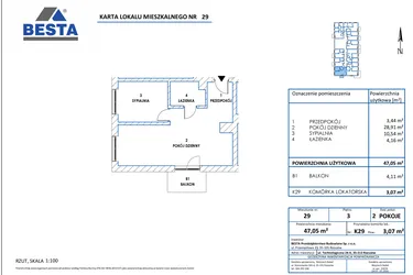 Rzut - Mieszkanie na sprzedaż 2 pokoje o powierzchni 47,05 m² - numer 29 w Dworzysko Park - Etap III