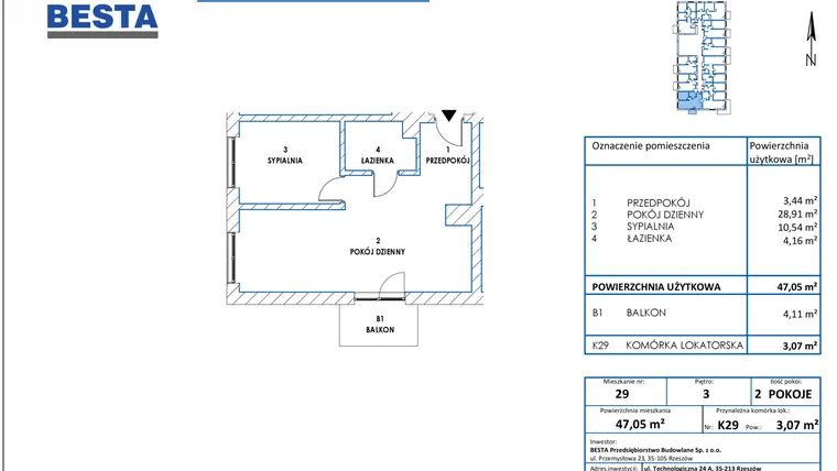 Rzut - Mieszkanie na sprzedaż 2 pokoje o powierzchni 47,05 m² - numer 29 w Dworzysko Park - Etap III