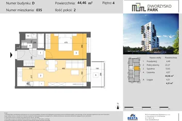Rzut - Mieszkanie na sprzedaż 2 pokoje o powierzchni 44,46 m² - numer 35 w Dworzysko Park - Etap III