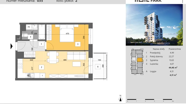 Rzut - Mieszkanie na sprzedaż 2 pokoje o powierzchni 44,46 m² - numer 35 w Dworzysko Park - Etap III