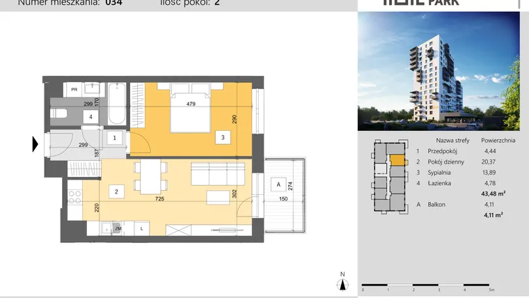 Rzut - Mieszkanie na sprzedaż 2 pokoje o powierzchni 43,48 m² - numer 34 w Dworzysko Park - Etap III