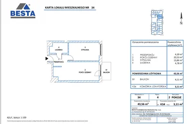 Rzut - Mieszkanie na sprzedaż 2 pokoje o powierzchni 43,56 m² - numer 34 w Dworzysko Park - Etap III