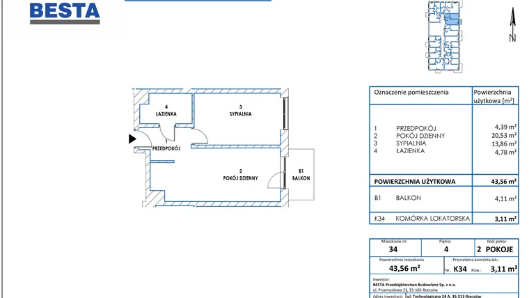 Rzut - Mieszkanie na sprzedaż 2 pokoje o powierzchni 43,56 m² - numer 34 w Dworzysko Park - Etap III