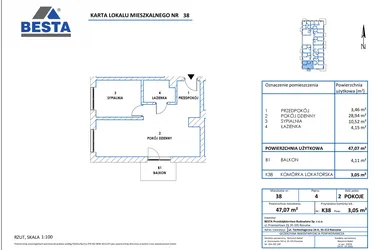 Rzut - Mieszkanie na sprzedaż 2 pokoje o powierzchni 47,07 m² - numer 38 w Dworzysko Park - Etap III