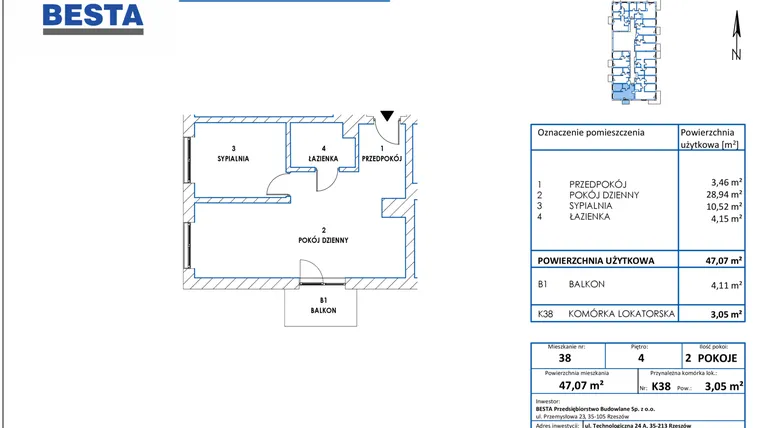 Rzut - Mieszkanie na sprzedaż 2 pokoje o powierzchni 47,07 m² - numer 38 w Dworzysko Park - Etap III