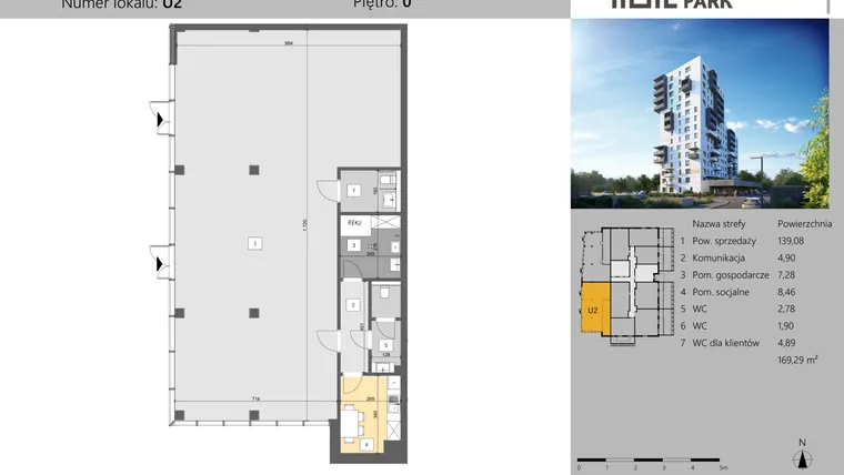 Rzut - Lokal użytkowy na sprzedaż 1 pokój o powierzchni 169,29 m² - numer U2 w Dworzysko Park - Etap III