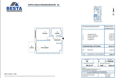 Rzut - Mieszkanie na sprzedaż 2 pokoje o powierzchni 36,15 m² - numer 40 w Dworzysko Park - Etap III