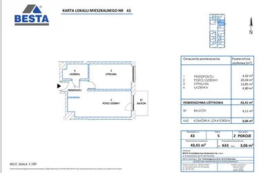 Rzut - Mieszkanie na sprzedaż 2 pokoje o powierzchni 43,41 m² - numer 43 w Dworzysko Park - Etap III