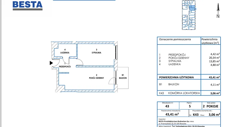 Rzut - Mieszkanie na sprzedaż 2 pokoje o powierzchni 43,41 m² - numer 43 w Dworzysko Park - Etap III
