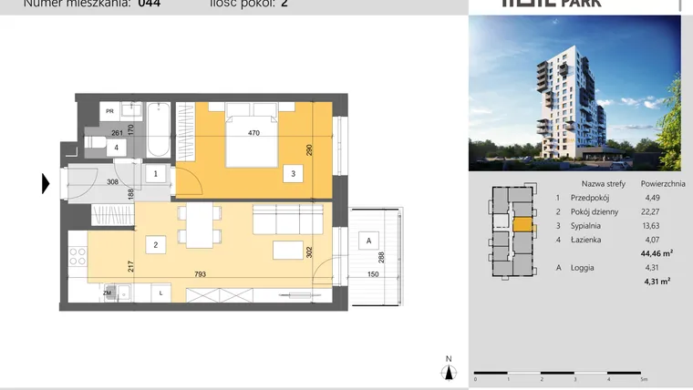 Rzut - Mieszkanie na sprzedaż 2 pokoje o powierzchni 44,46 m² - numer 44 w Dworzysko Park - Etap III